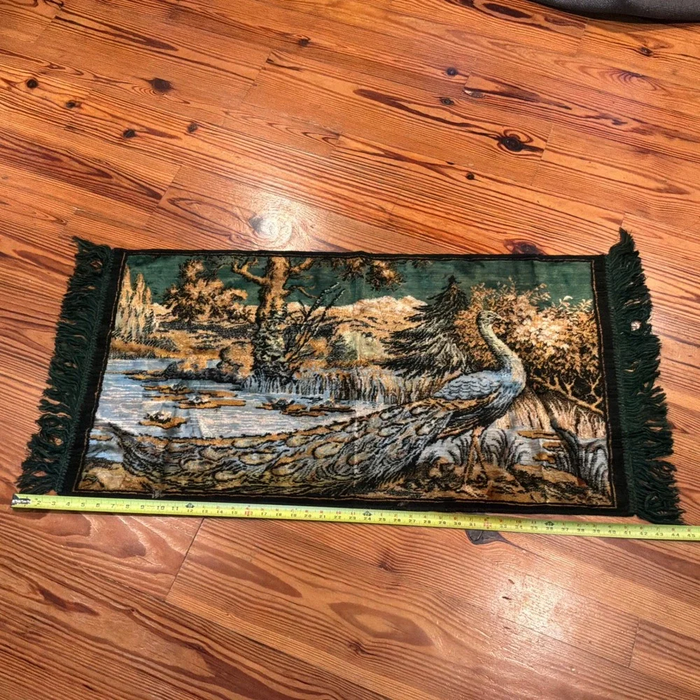 VTG Velvet Peacock Tapestry Wall Hanging Forest Landscape Fringed Whimsigoth EUC